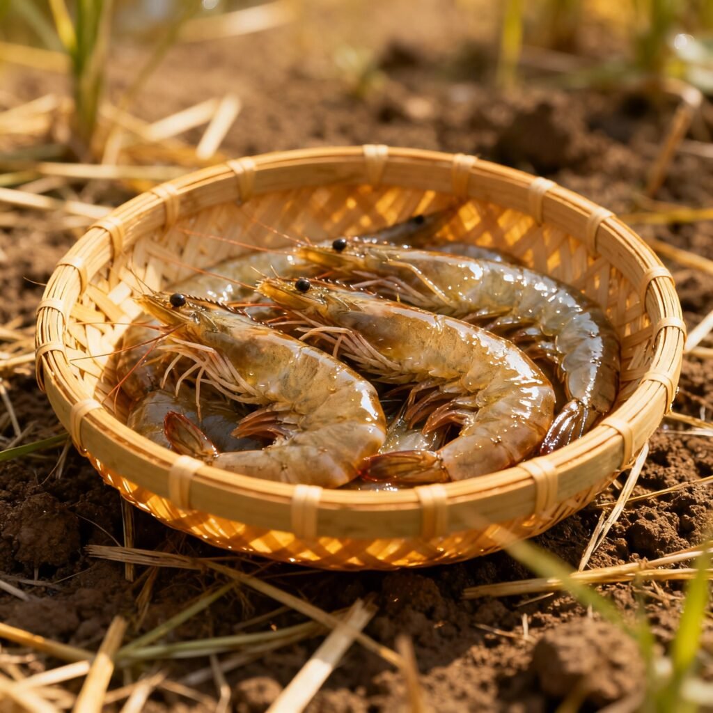 fresh harvested prawns displayed in traditional bamboo basket