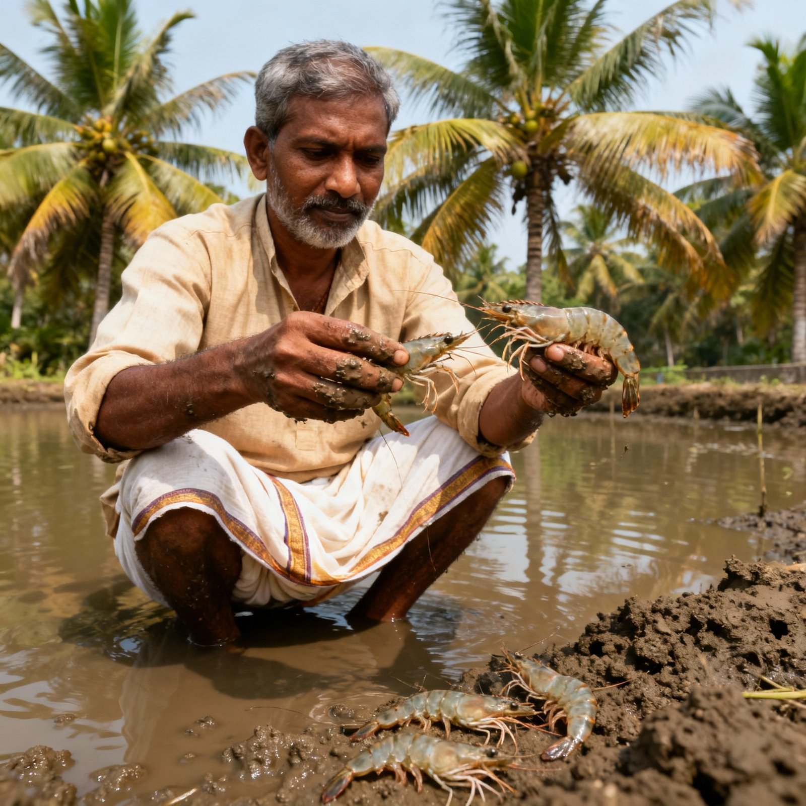 indian farmer inspecting prawns in traditional village pond setting