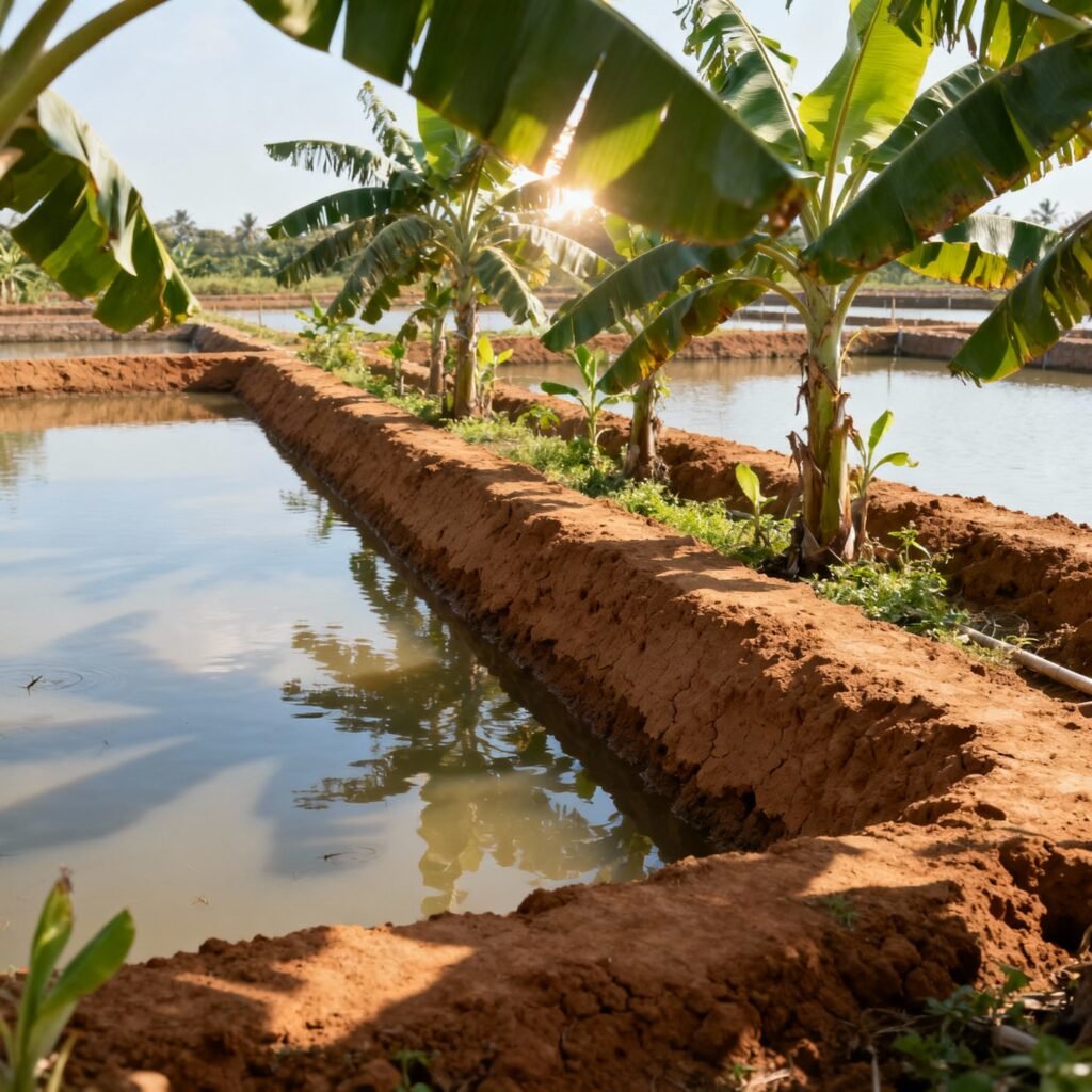rural indian prawn farming pond with clay embankments and banana trees